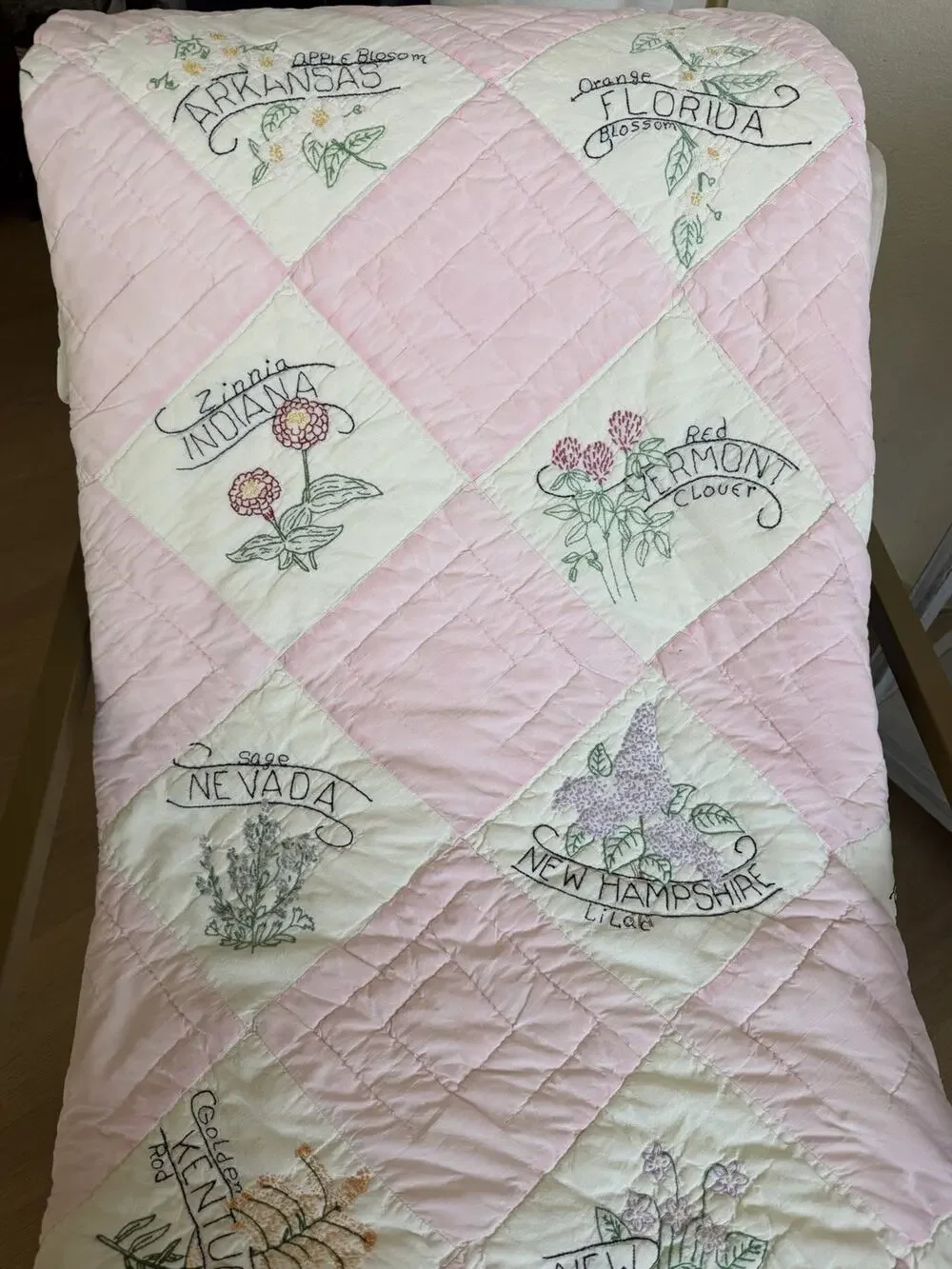 Vintage 48 US State Flower Quilt Embroidered Pink Checkered Handmade